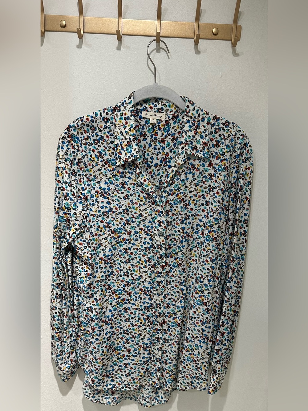 Women’s Printed Button-Down Shirt in White with Blue & Brown Floral print